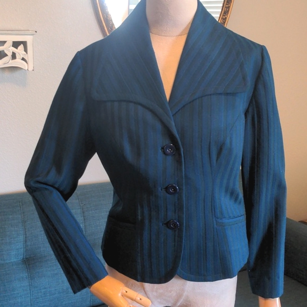 Vintage 70s Women's Teal Blue Blazer Tailored Pinstripe Jacket Wide Collar SZ S
